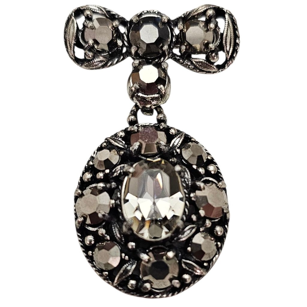 Hobe Brooch Oval Dangle Bow Bar Rhinestone Pin, Signed